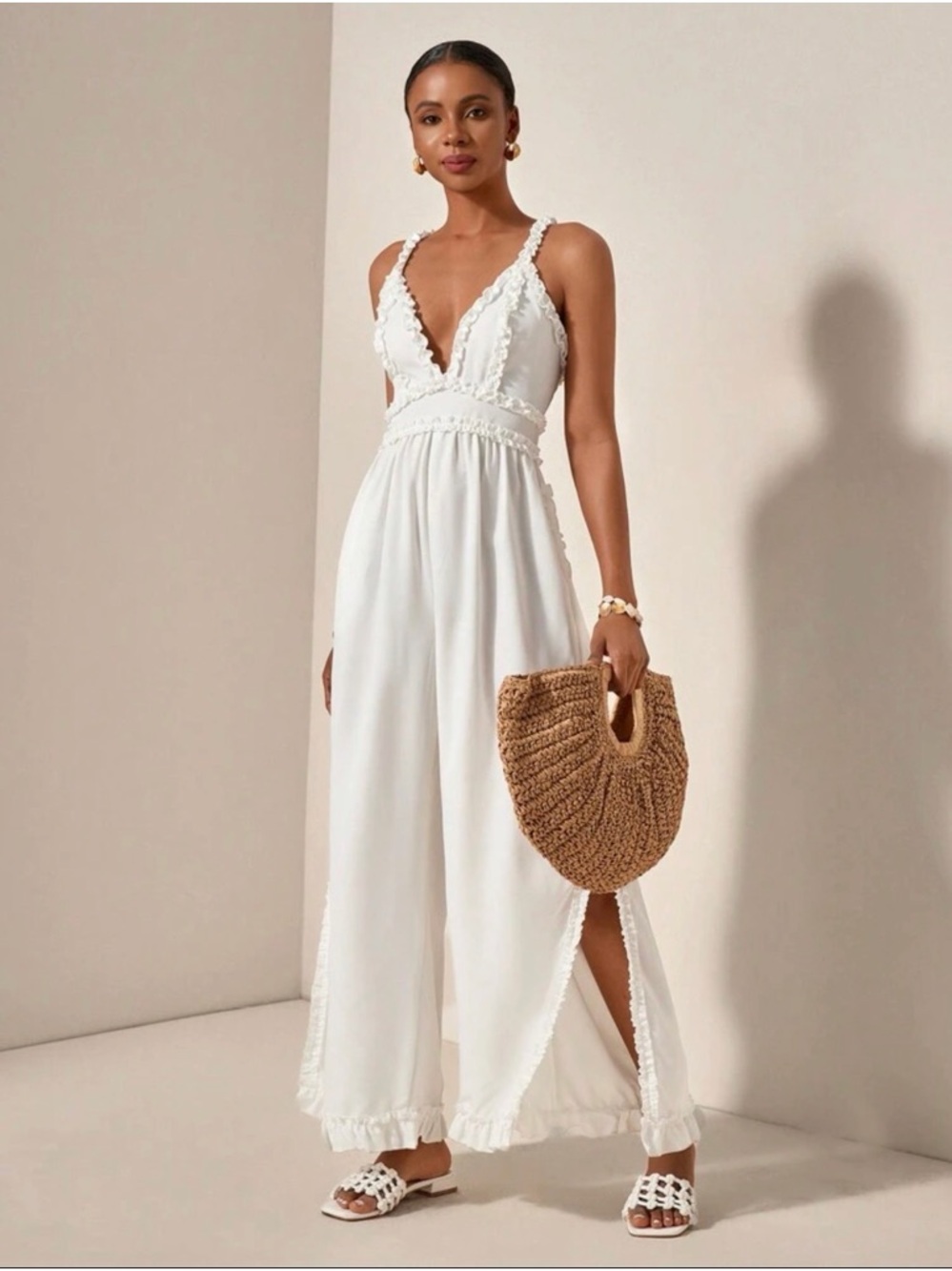 White Ruffle Trim Jumpsuit